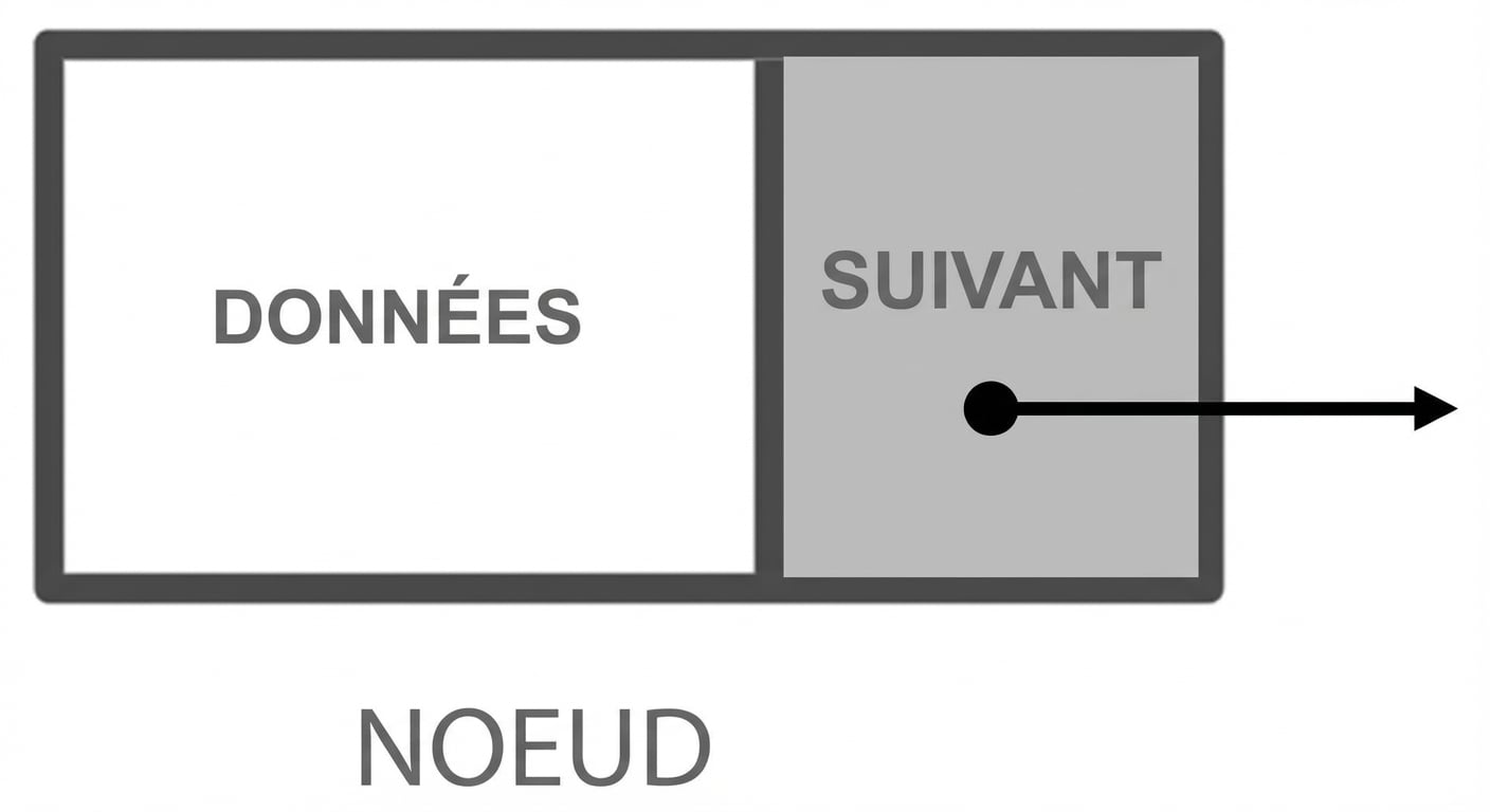Représentation d’un nœud d’une liste chaînée avec « DATA » dans la première partie, et « NEXT » avec un pointeur dans la seconde.