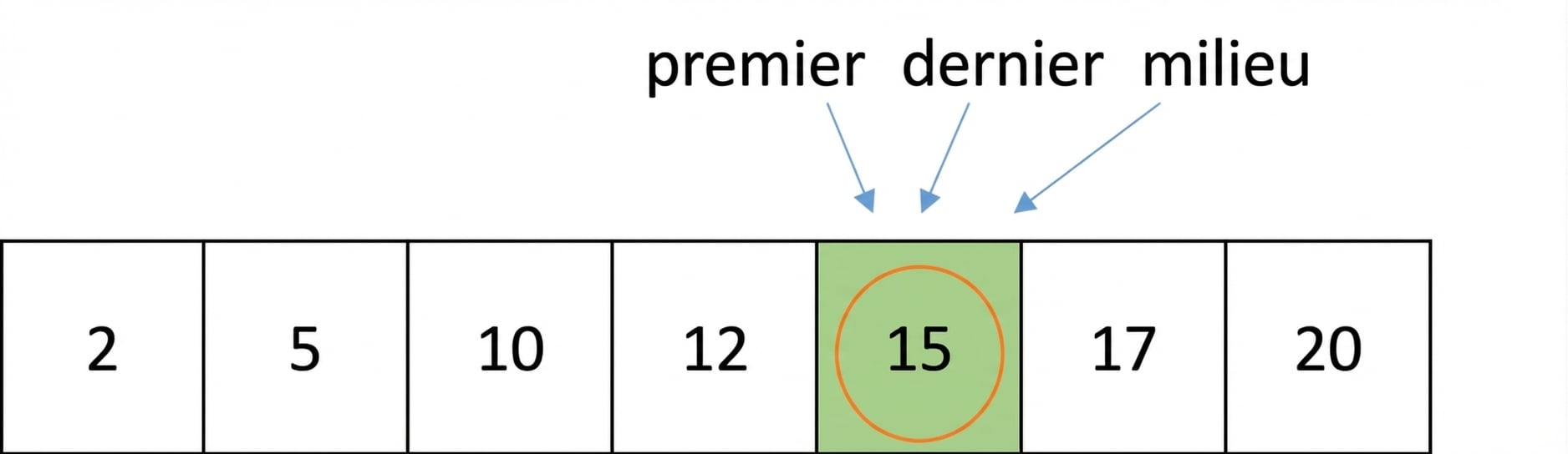 Représentation schématique d’une liste de nombres ordonnés. Le nombre 15 est encerclé.