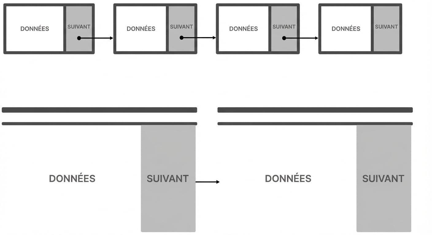 Représentation de plusieurs nœuds d’une liste chaînée reliés par des liens.