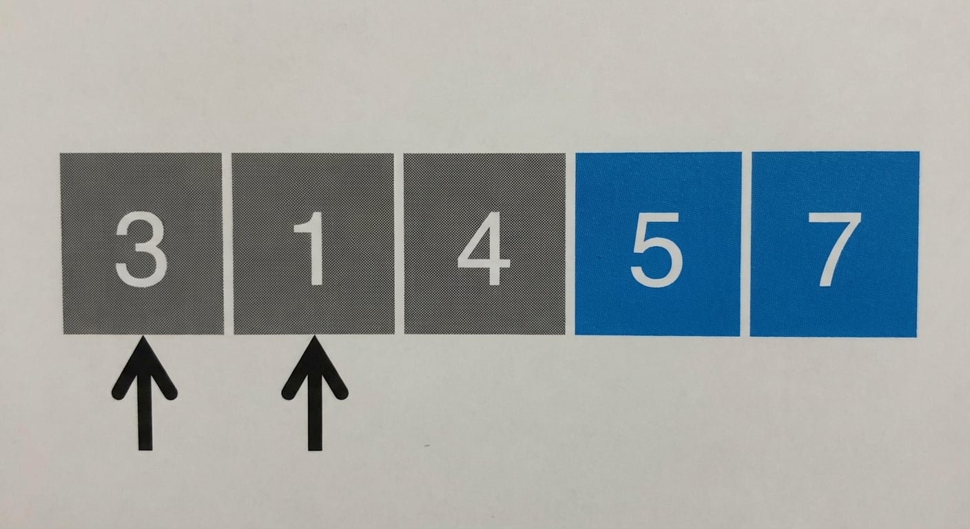 Schéma d’une liste de nombres non ordonnés. Un pointeur vise le premier élément et un autre le second. Les deux derniers éléments sont en bleu.