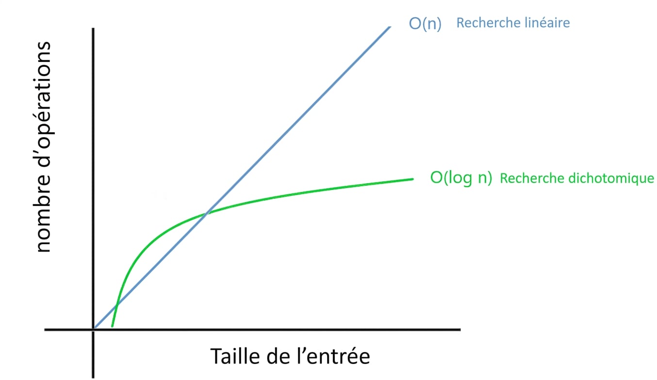 Représentation graphique de la recherche linéaire et de la recherche binaire.