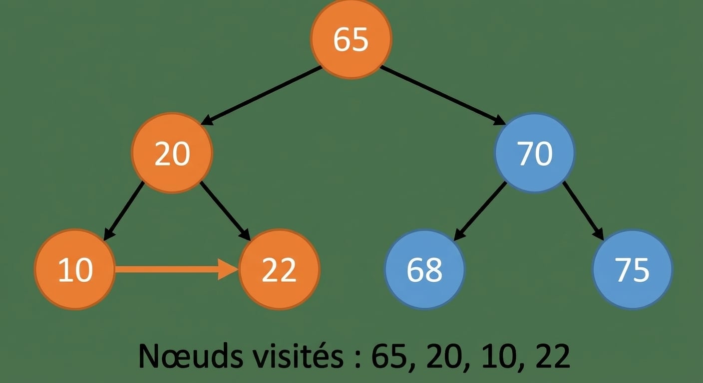 Représentation graphique d’un parcours préfixe sur un arbre binaire de recherche.
