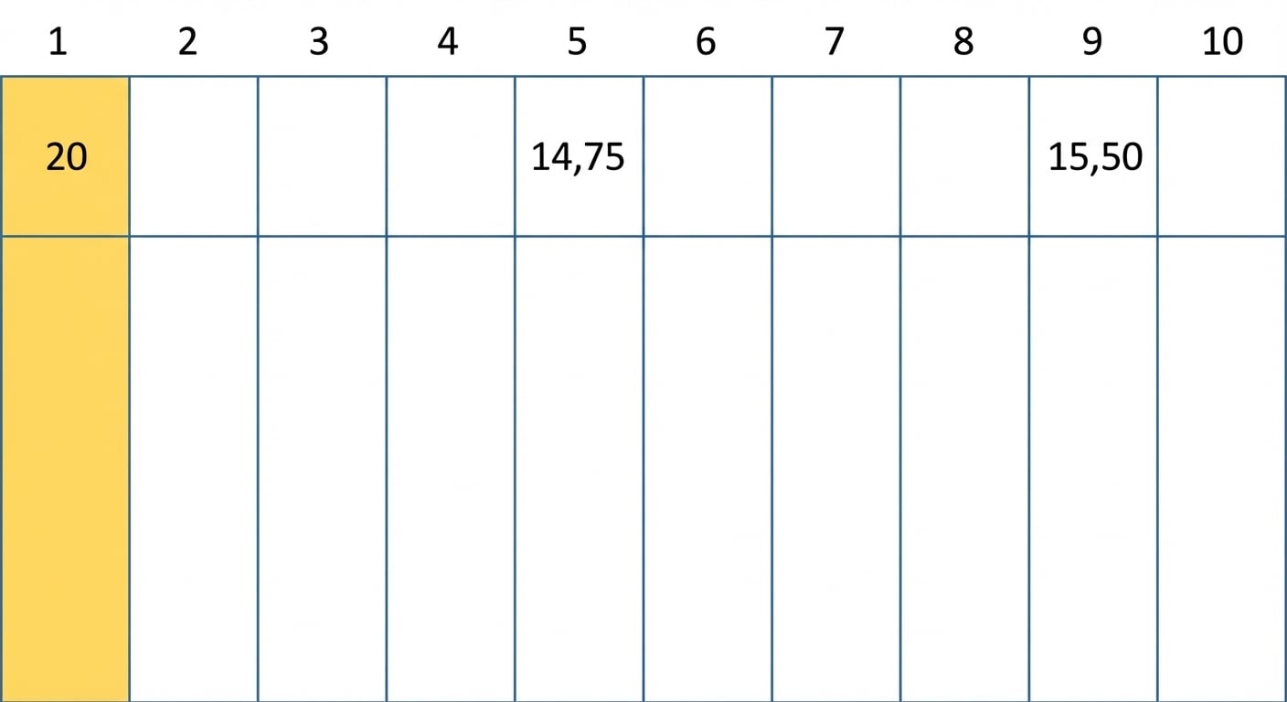 Représentation schématique d’une table de hachage avec quelques valeurs. La valeur à la première position est en jaune.