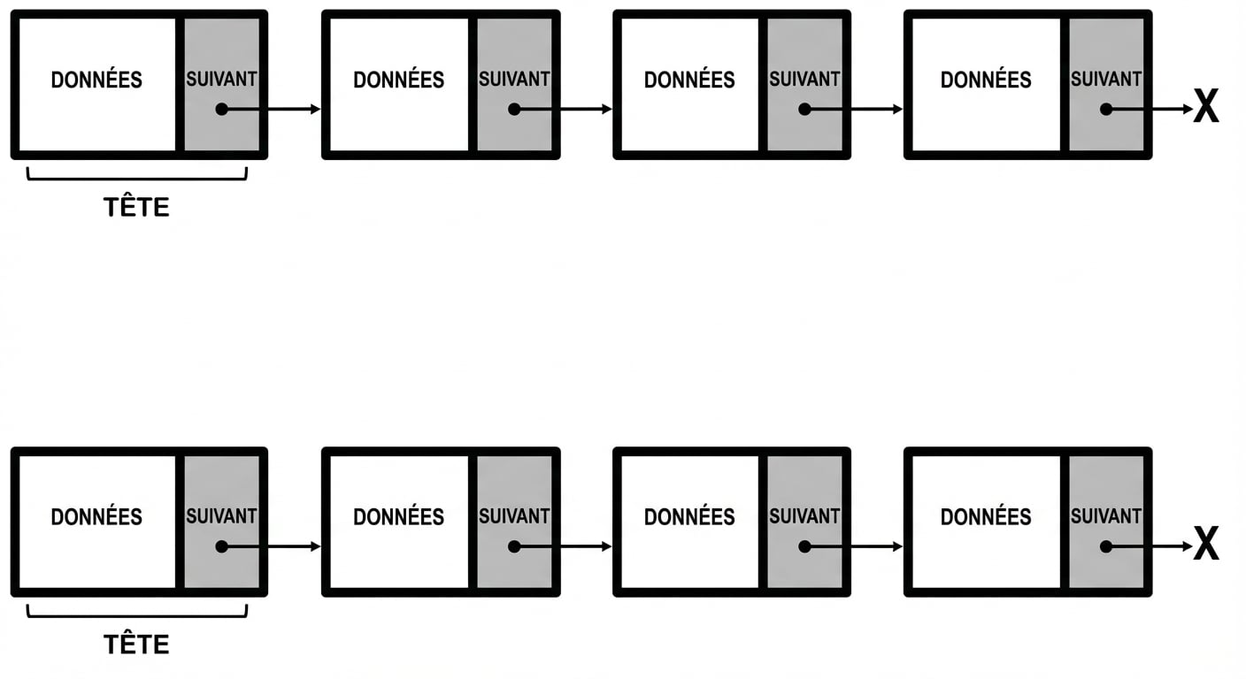 Représentation d’une liste chaînée avec le mot « HEAD » dans le premier nœud.