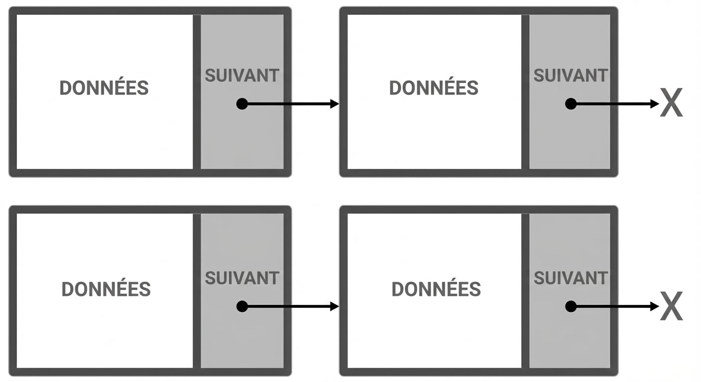 Représentation d’une liste chaînée où le dernier nœud pointe vers null.