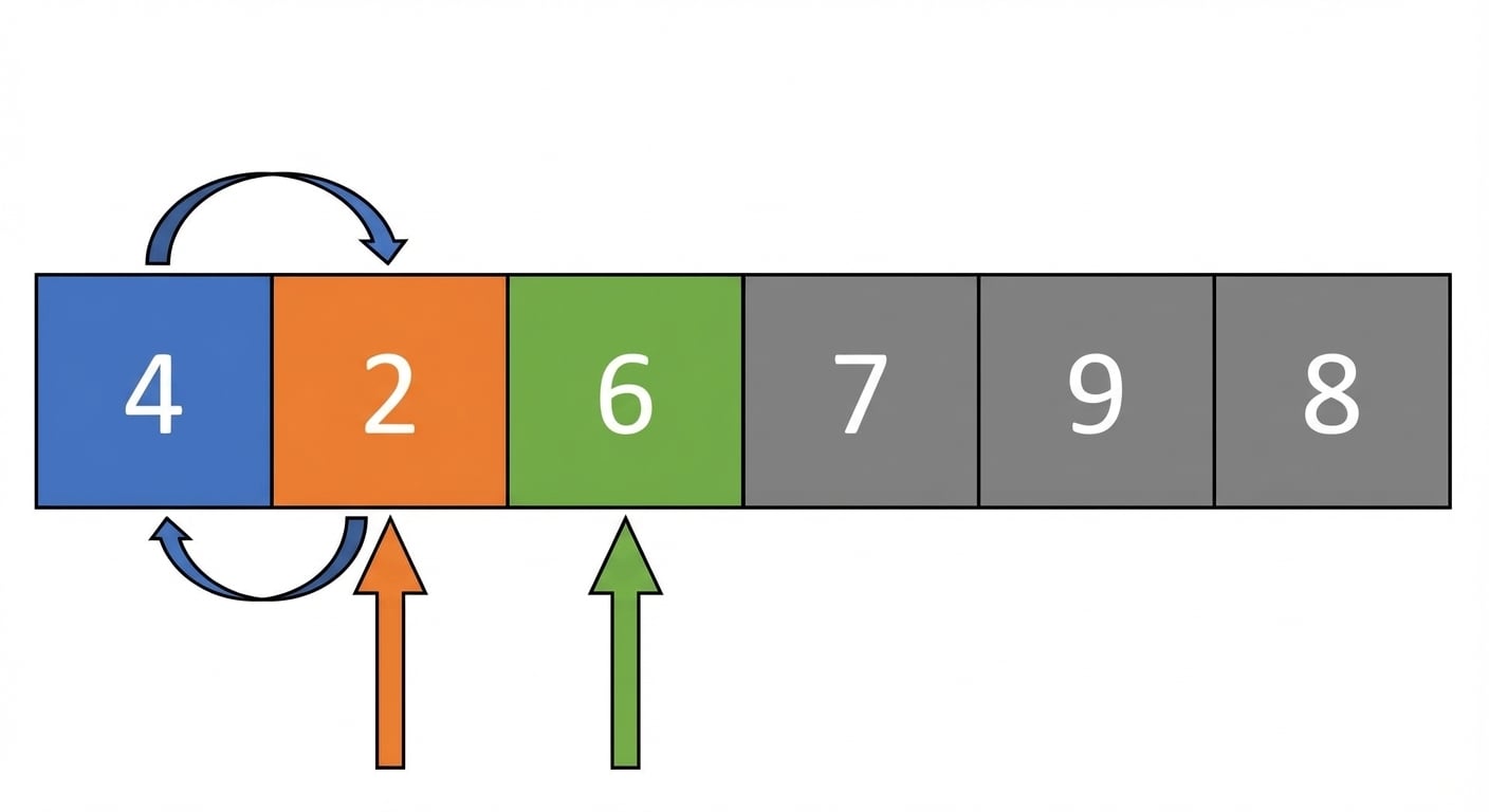 Schéma d’une liste de nombres non triés. Le premier élément est en bleu, le deuxième en orange, le troisième en vert. Les pointeurs gauche et droit pointent le deuxième élément. Deux flèches indiquent l’échange des premier et deuxième éléments.