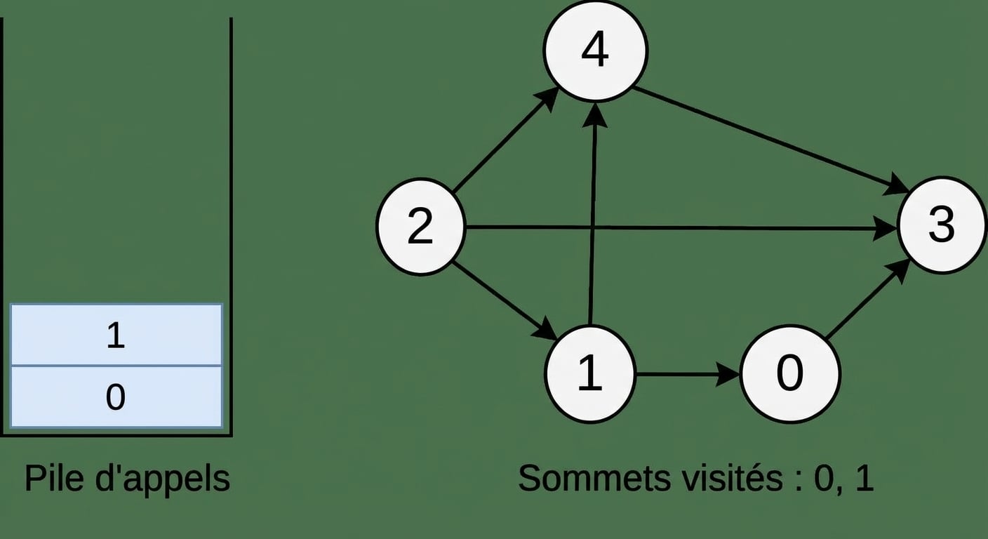 Représentation graphique d’un parcours en profondeur sur un graphe.