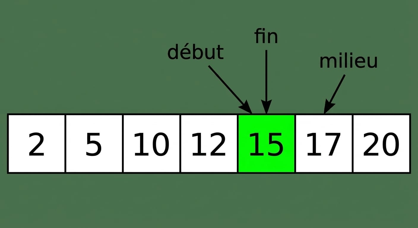 Représentation schématique d’une liste de nombres ordonnés. Le pointeur last a bougé et pointe le même nombre que le pointeur first.