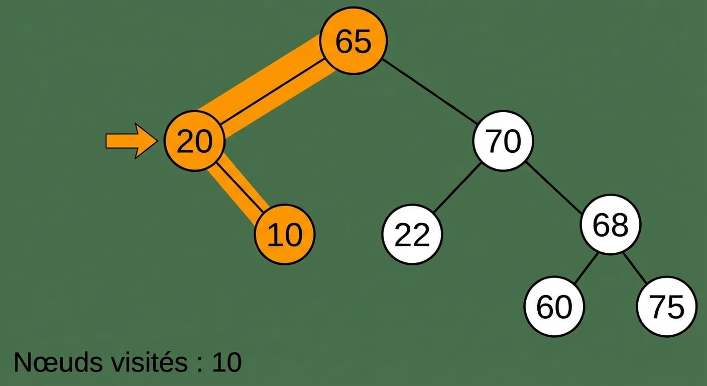 Représentation graphique d’un parcours infixe sur un arbre binaire de recherche.