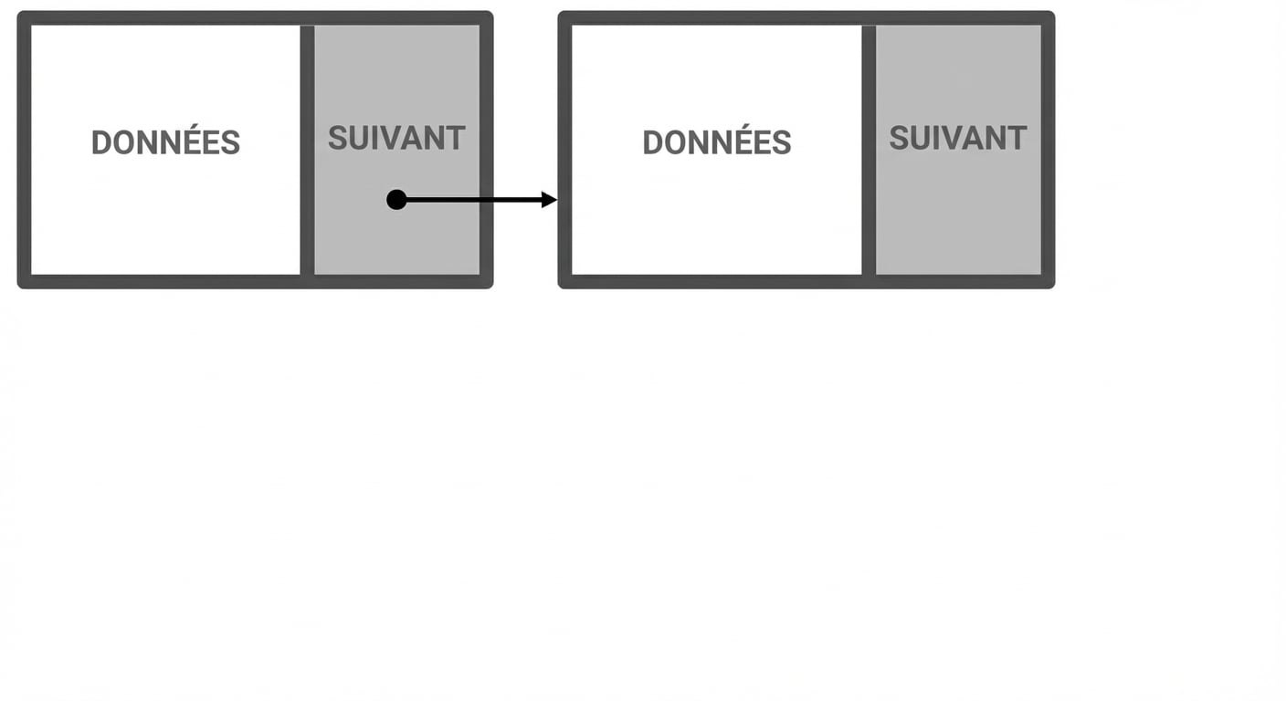 Représentation de deux nœuds d’une liste chaînée reliés par un lien.