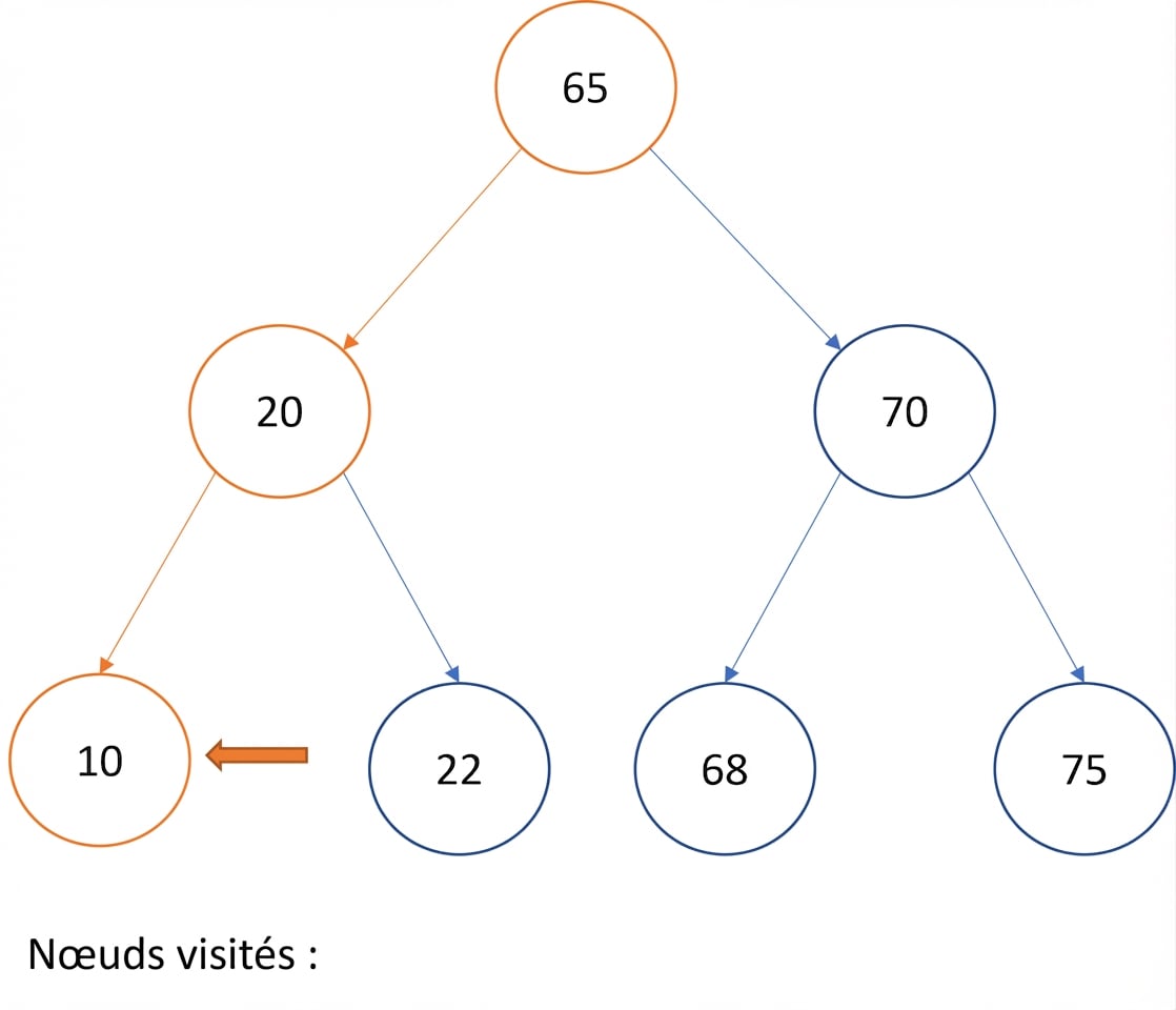 Représentation graphique d’un parcours infixe sur un arbre binaire de recherche.