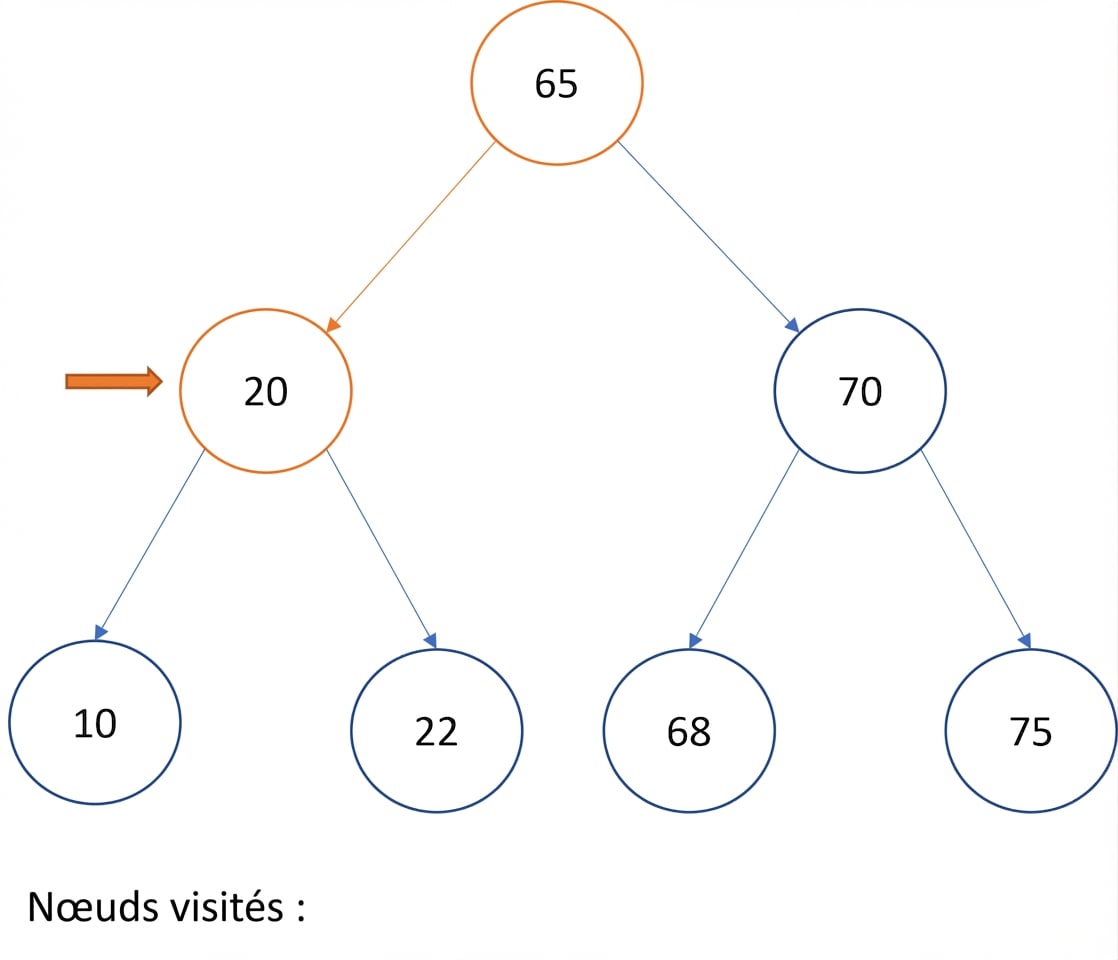 Représentation graphique d’un parcours infixe sur un arbre binaire de recherche.