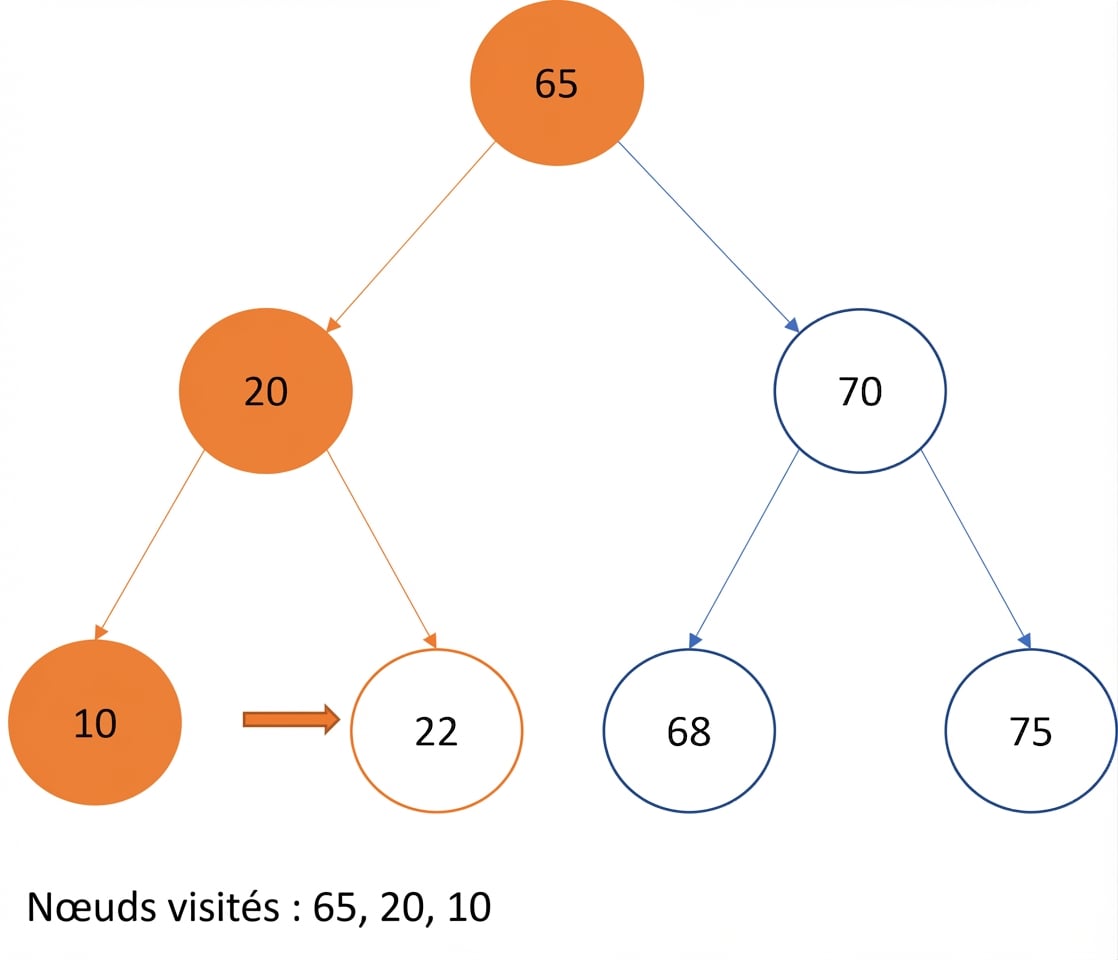 Représentation graphique d’un parcours préfixe sur un arbre binaire de recherche.