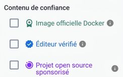 Docker Hub dispose de trois filtres de contenu fiable : les images officielles Docker, les images d'éditeurs vérifiés et les images OSS sponsorisées
