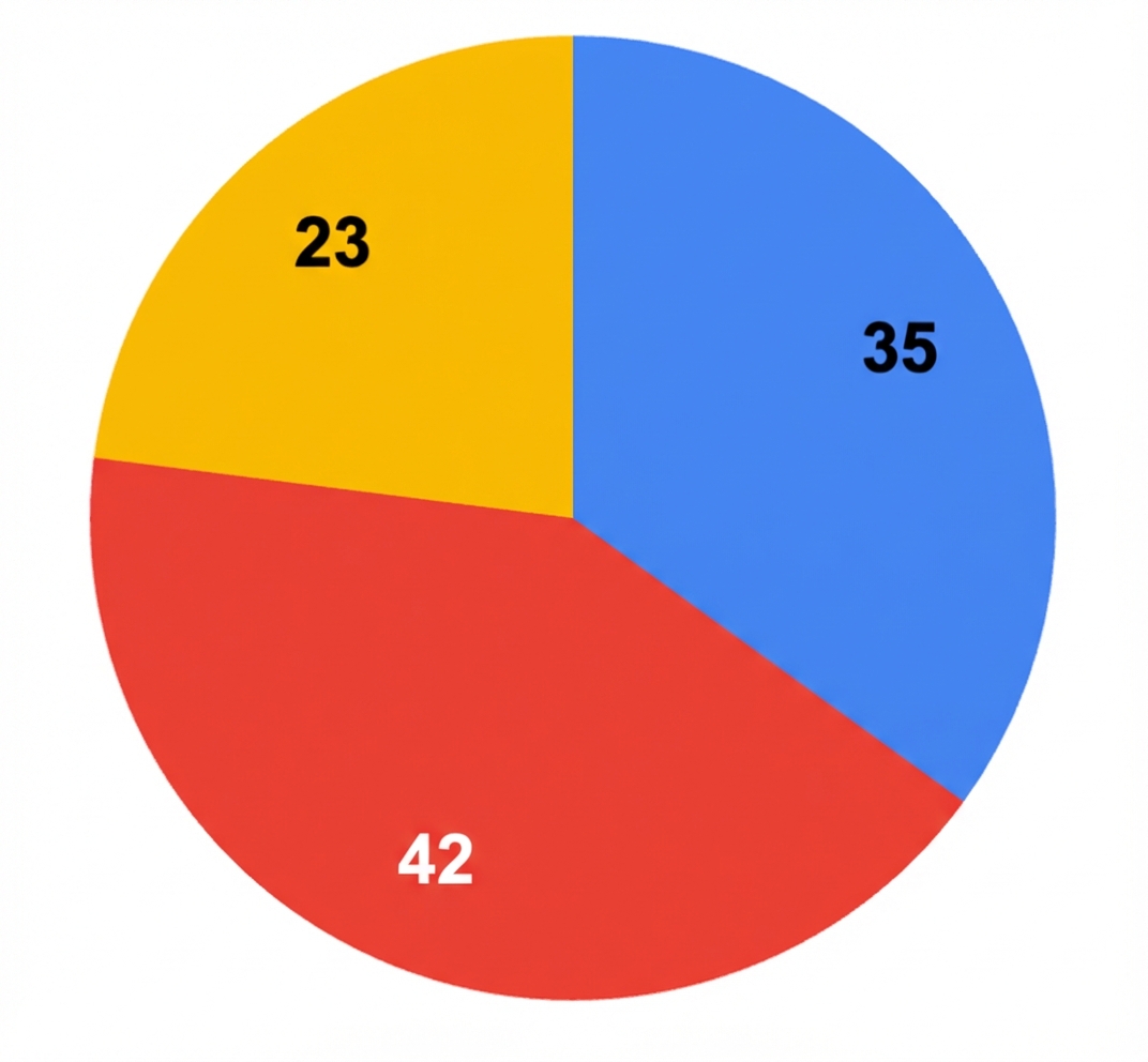 Un diagramme à secteurs avec 3 couleurs primaires et des nombres superposés