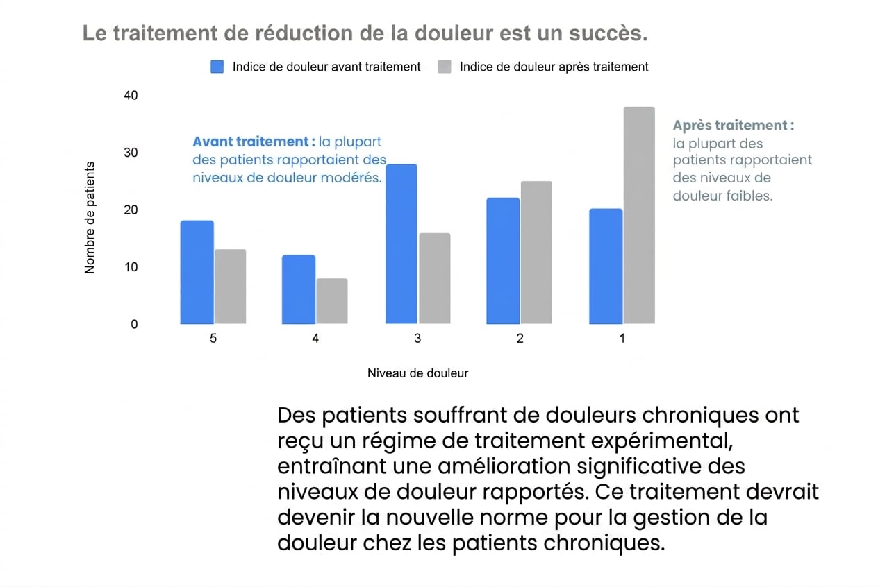 Récit de données sur la réduction de la douleur montrant une réduction des niveaux de douleur pour les patients ayant reçu un traitement