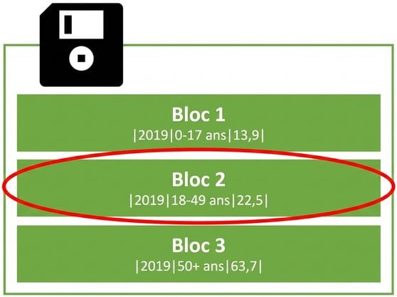Symbolic image of a hard disk with multiple blocks for storage with a row stored in each block