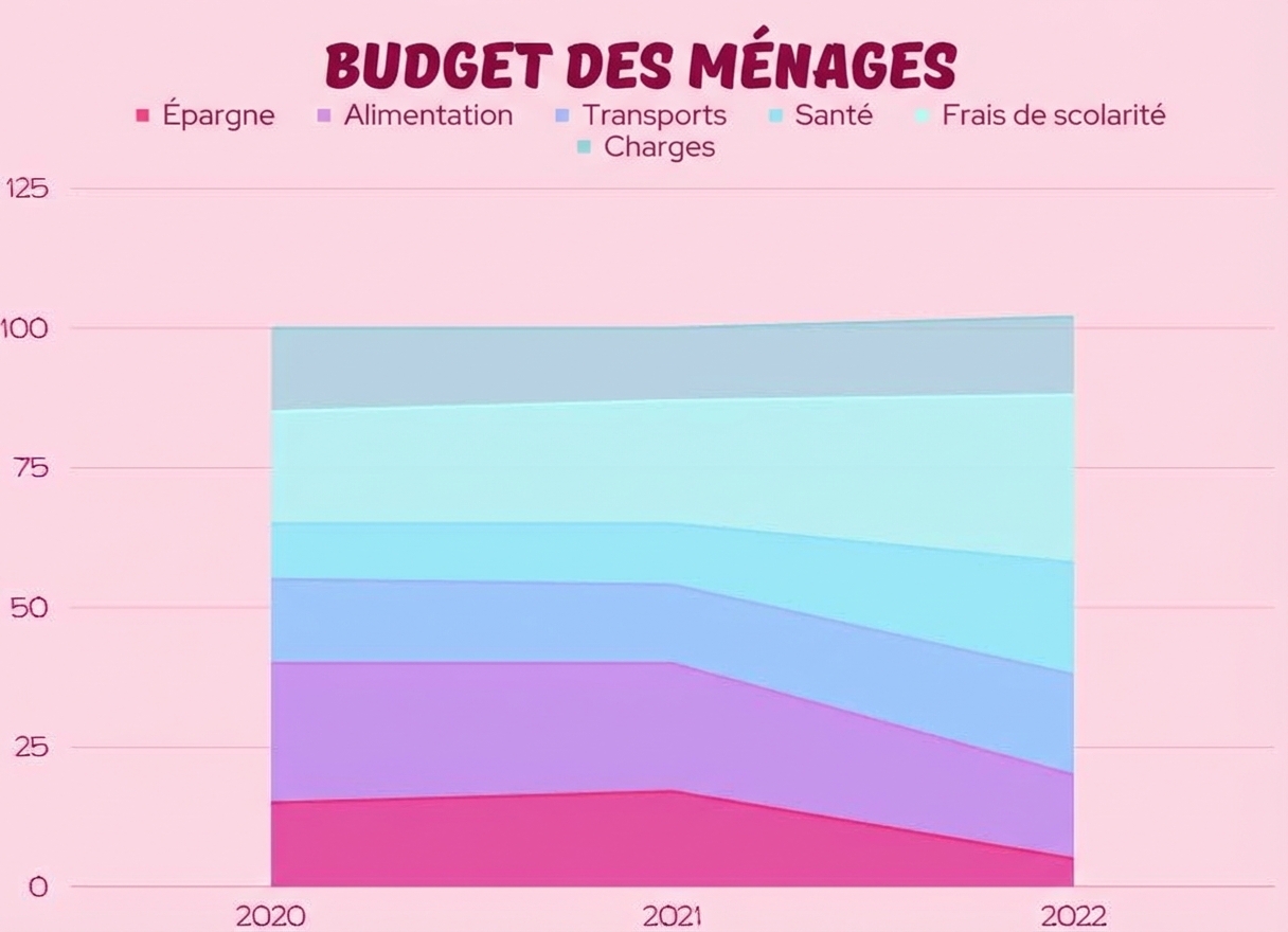 Le graphique présente différentes catégories représentées par des couleurs distinctes et des zones colorées jusqu'à l'axe horizontal.