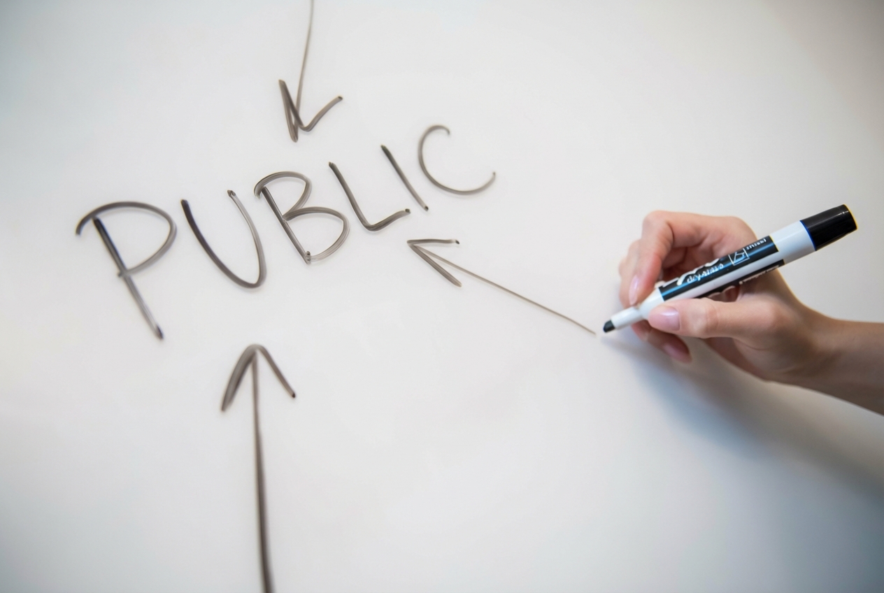 Le mot « public » est inscrit sur un tableau blanc avec des flèches qui le désignent.