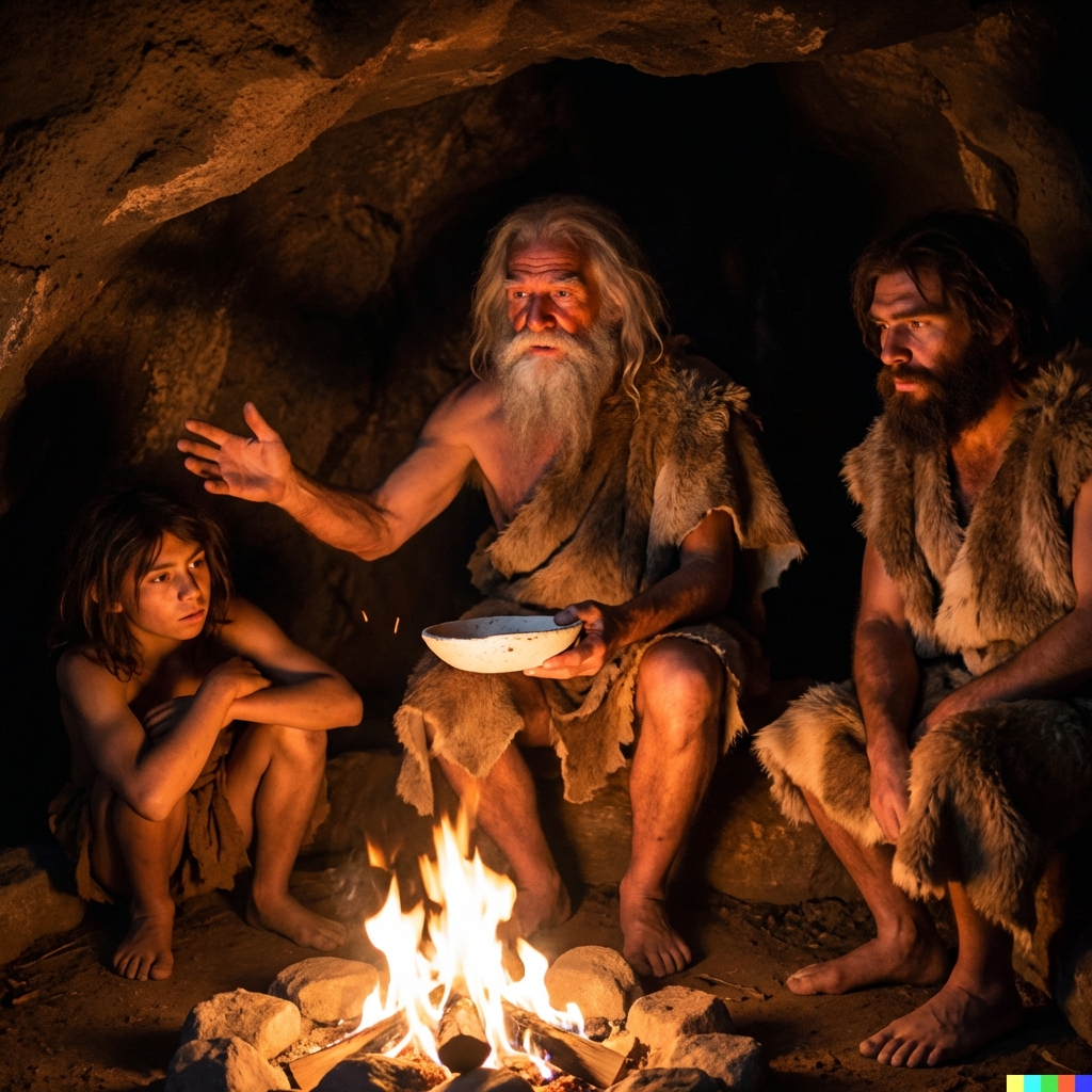 Des hommes des cavernes assis autour d'un feu racontant des histoires
