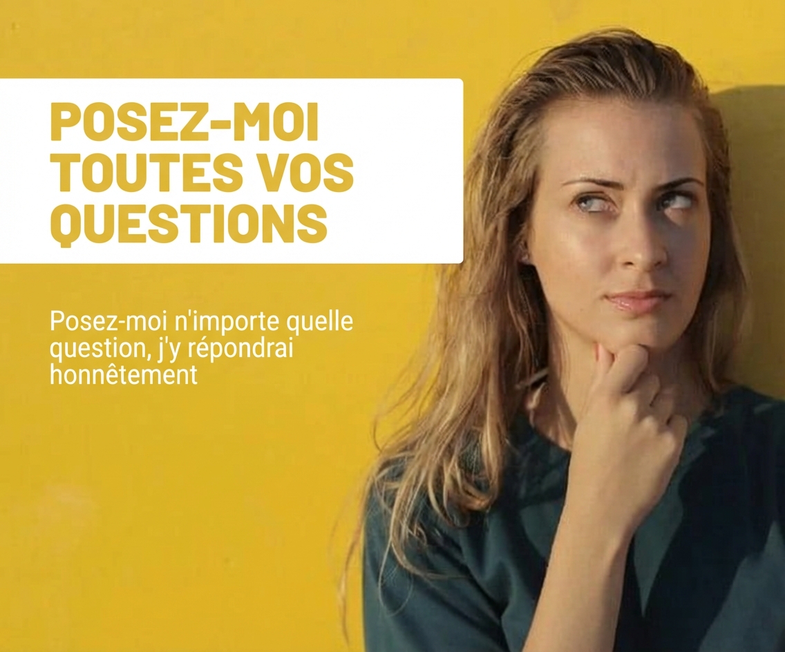 Une femme réfléchissant attentivement à côté de la phrase « Ask me Anything ».