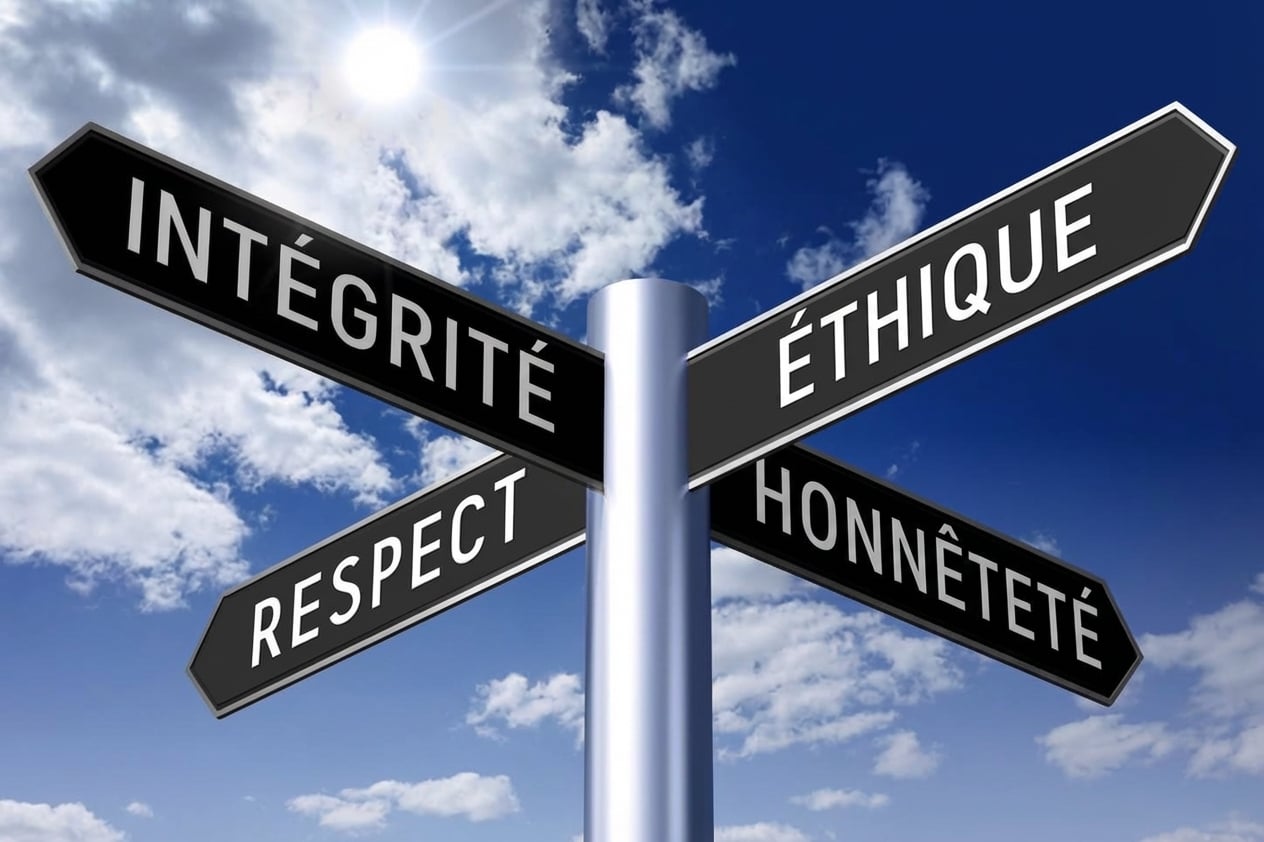 Un poteau avec quatre panneaux indiquant éthique, honnêteté, respect, intégrité
