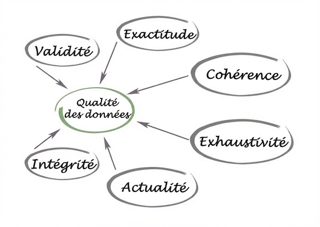 Schéma avec « qualité des données » au centre et validité, exactitude, cohérence, complétude, ponctualité et intégrité pointant vers le centre