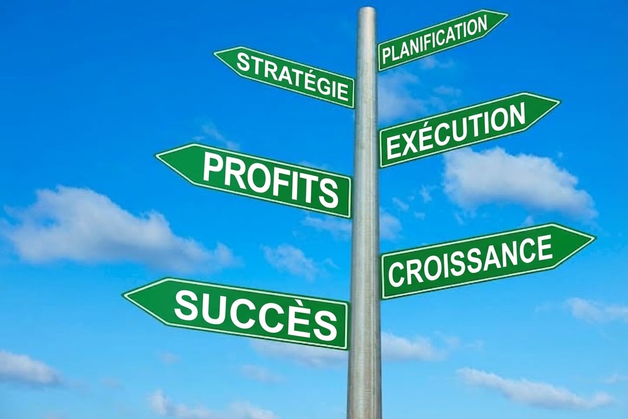 Des panneaux indiquant planning, stratégie, exécution, profits, croissance et succès
