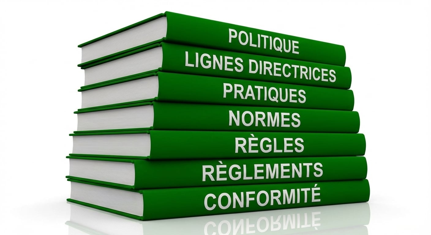 Pile de livres verts, dont certains indiquent politique et normes