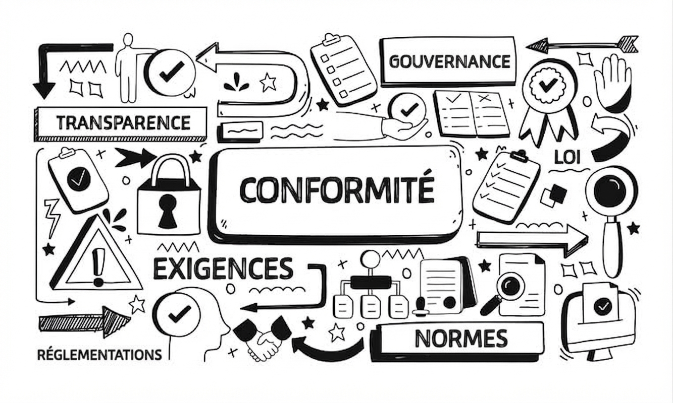 Image montrant le mot « compliance » entouré d’objets et de mots comme governance, requirements et regulations