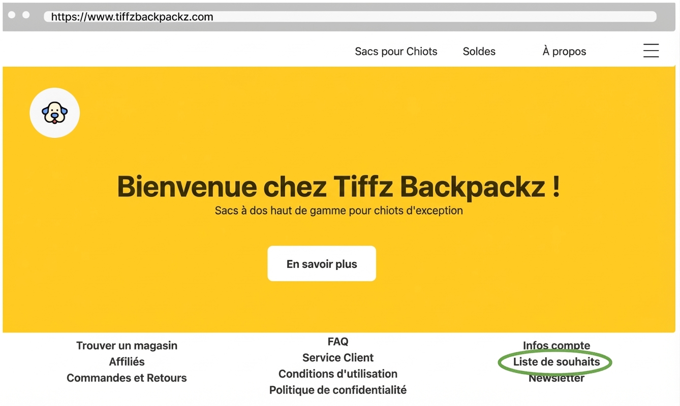 Liste d’envies Tiffz Backpackz sur la page d’accueil