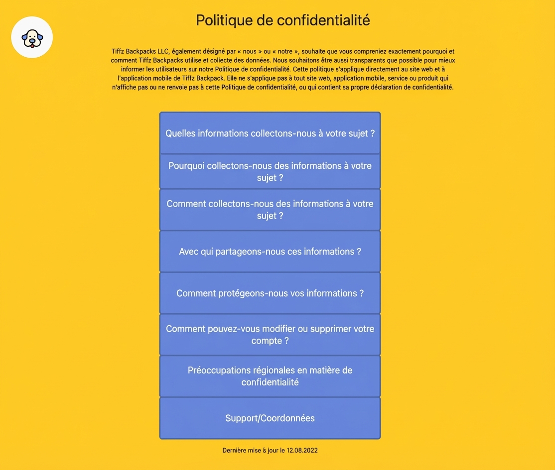 Page Politique de confidentialité Tiffz Backpackz