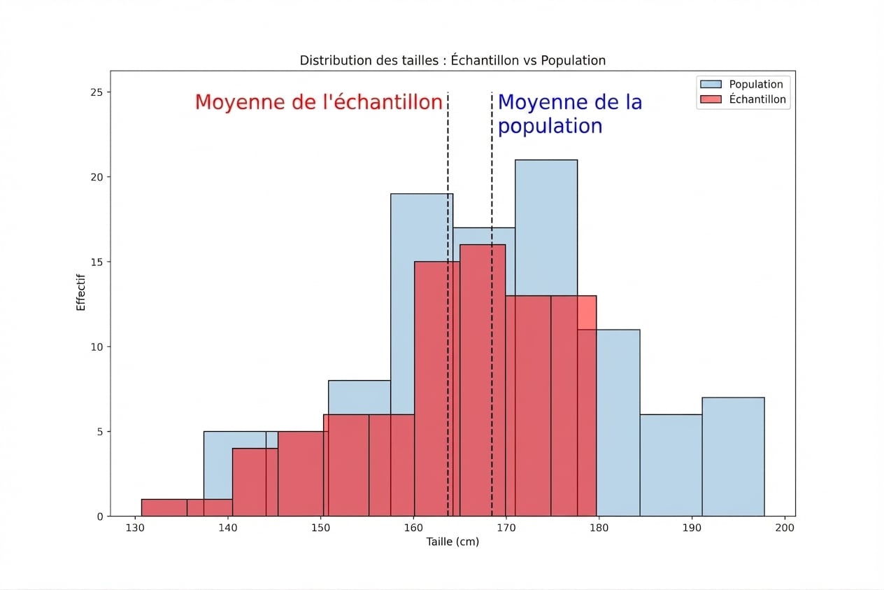 Répartition de la taille dans l'échantillon par rapport à celle dans la population, montrant que l'échantillon présente une valeur maximale et une moyenne plus faibles.
