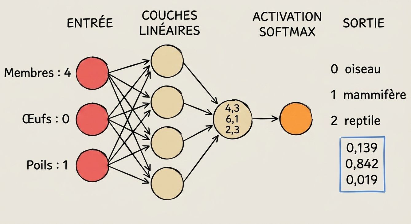 Schéma d’une partie d’un réseau neuronal avec des entrées, un vecteur en sortie des couches linéaires, une fonction d’activation softmax et une sortie