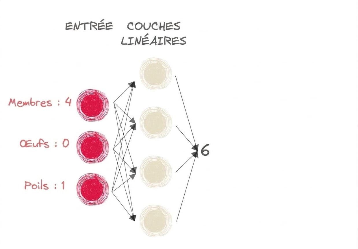 Schéma d’une partie d’un réseau neuronal avec des entrées et le chiffre 6 en sortie des couches linéaires