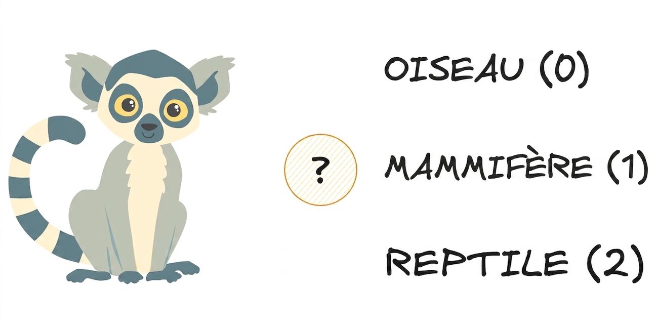 Un lémurien avec trois options : « oiseau », « mammifère » ou « reptile »