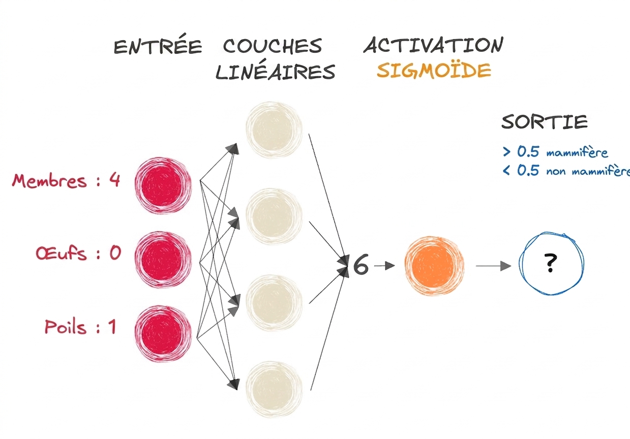 Schéma d’une partie d’un réseau neuronal avec des entrées, le chiffre 6 en sortie des couches linéaires, une fonction d’activation sigmoïde et une sortie