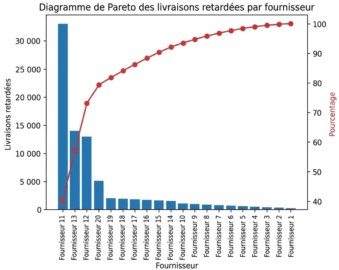 Diagramme de Pareto des livraisons retardées par fournisseur