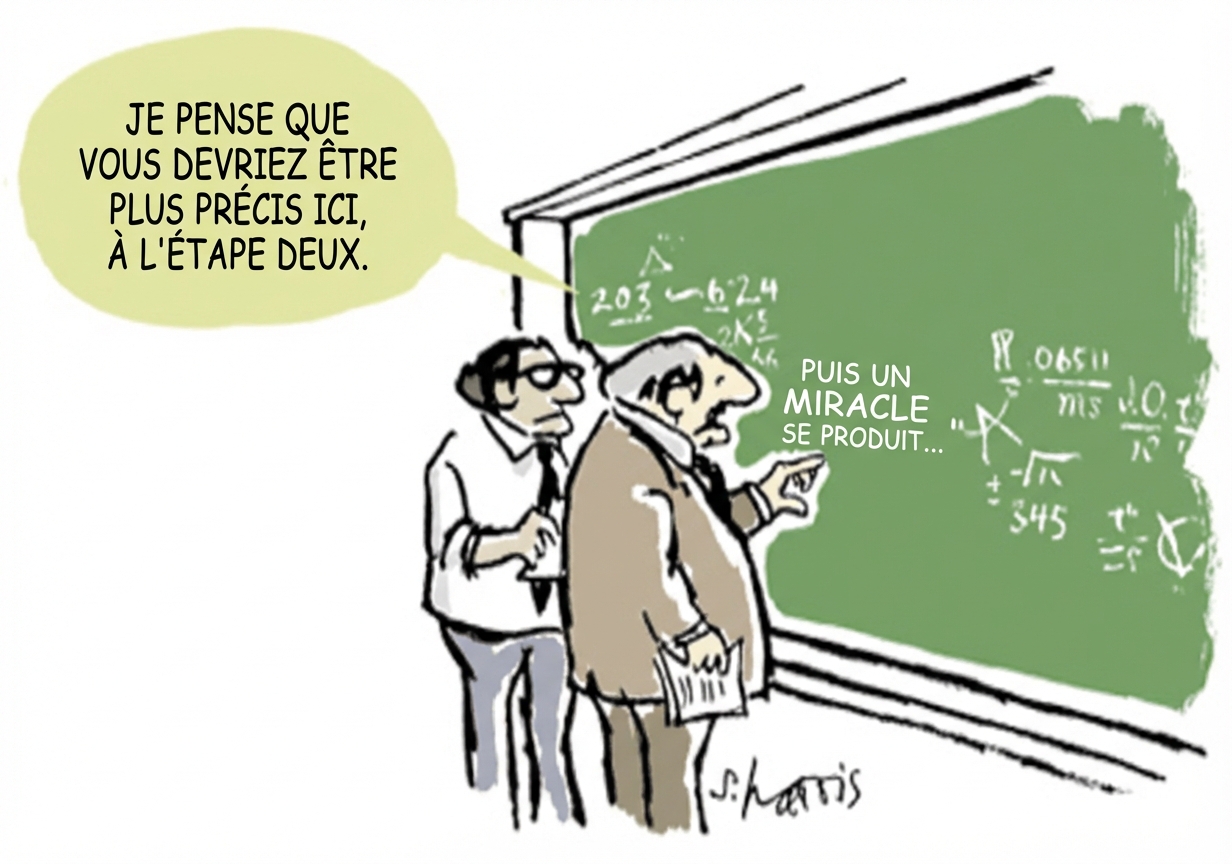 Dessin humoristique de deux scientifiques expliquant des équations mathématiques compliquées par un miracle.