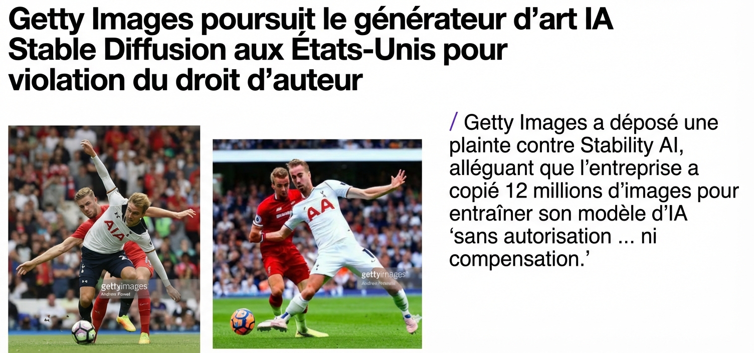 Illustration tirée du procès Getty Images, montrant une photographie originale et une image similaire (avec le filigrane de Getty Images) générée par Stable Diffusion. Image : Getty Images