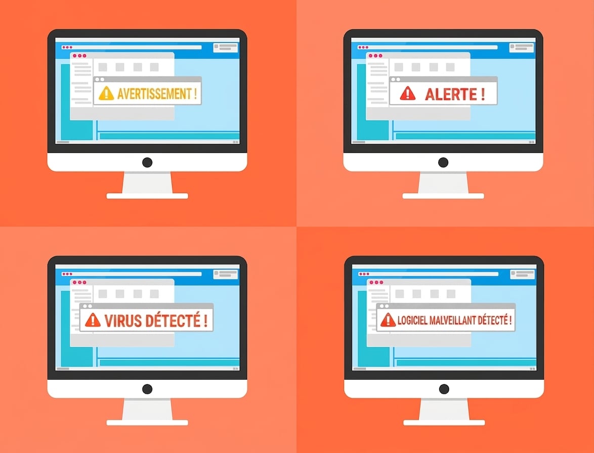 Illustration d’une faille de sécurité sur quatre ordinateurs avec différents signes d’alarme : avertissement, alerte, virus trouvé, logiciel malveillant détecté.