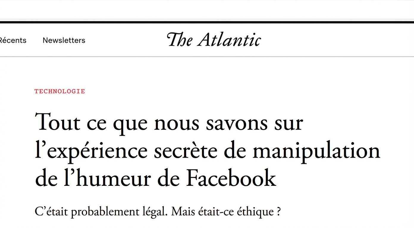 Capture d’écran d’un article en ligne de The Atlantic sur l’expérience sociale manipulatrice de Facebook.