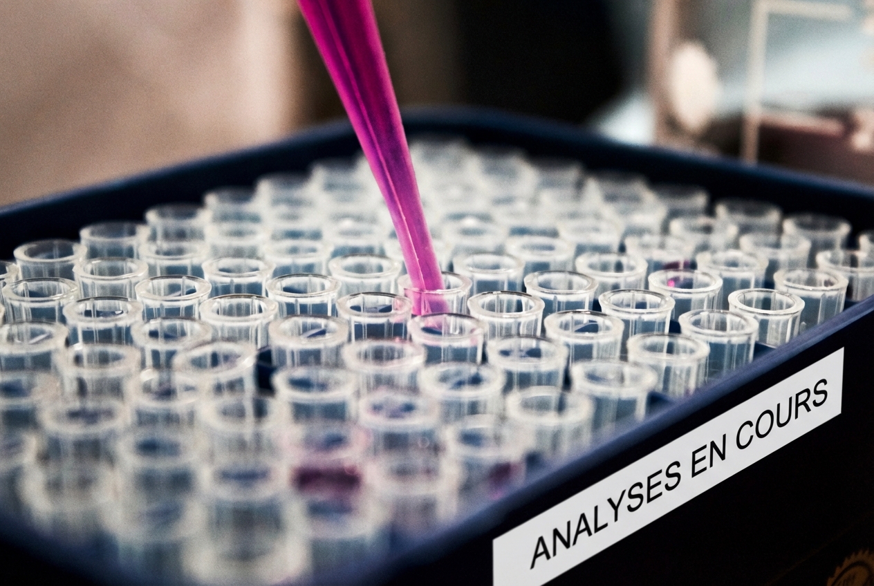 Photo de tubes et d'une pipette rose dans un laboratoire pharmaceutique.