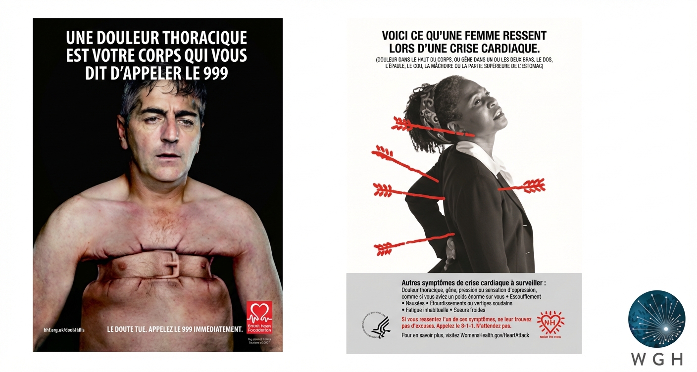 Illustration des différents symptômes d’une crise cardiaque pour un homme souffrant d’une constriction thoracique et une femme souffrant de douleurs dorsales.