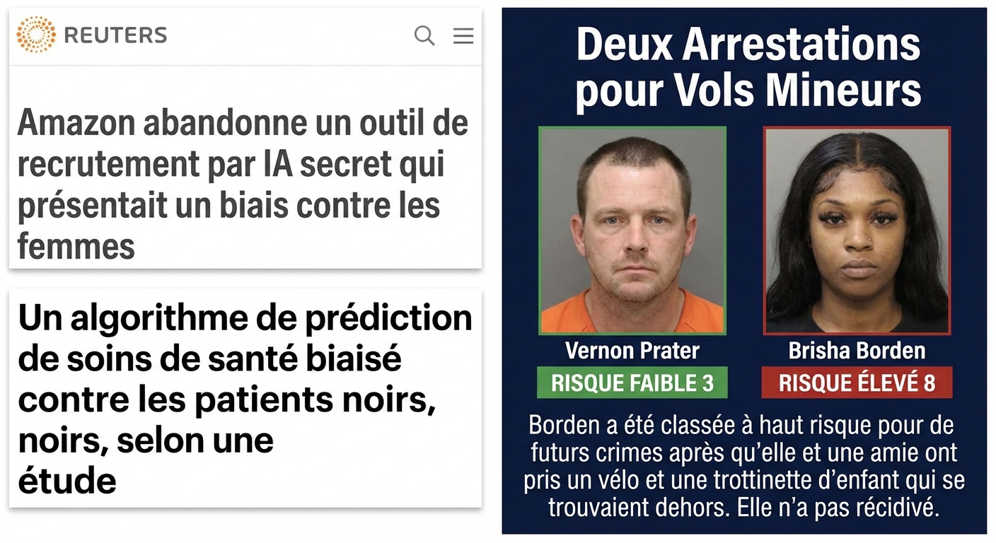Collage de captures d’écran d’articles de presse sur la discrimination par les algorithmes d’IA