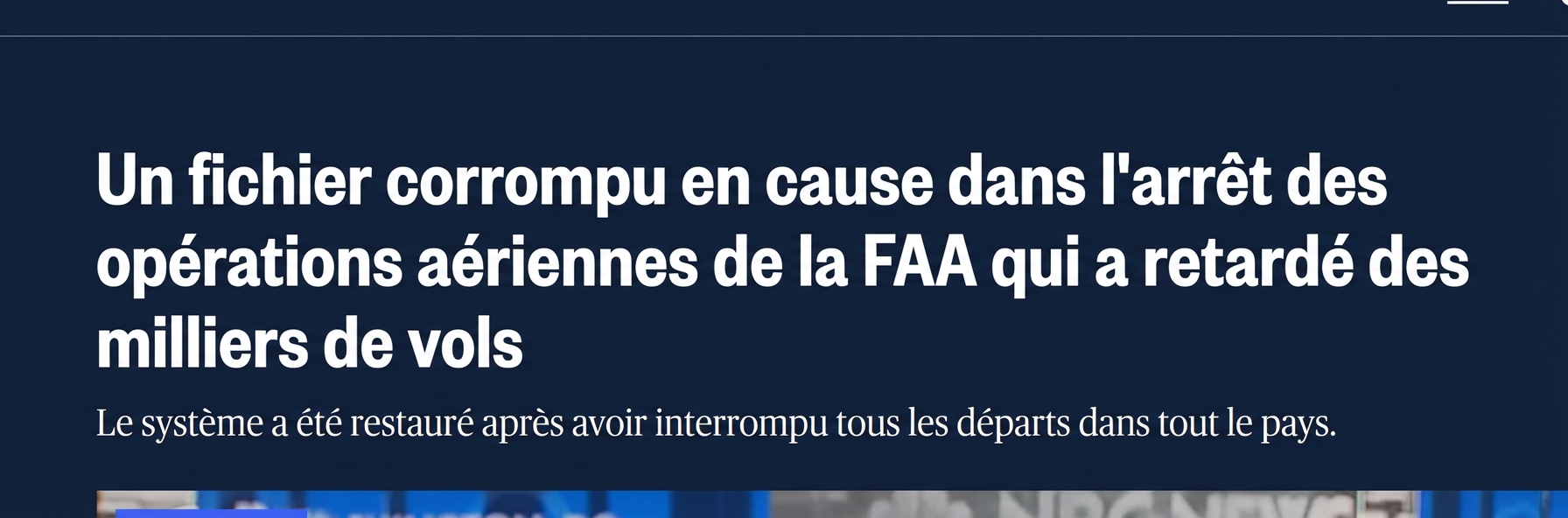 Capture d'écran du reportage de NBC News sur l'immobilisation des vols aux États-Unis