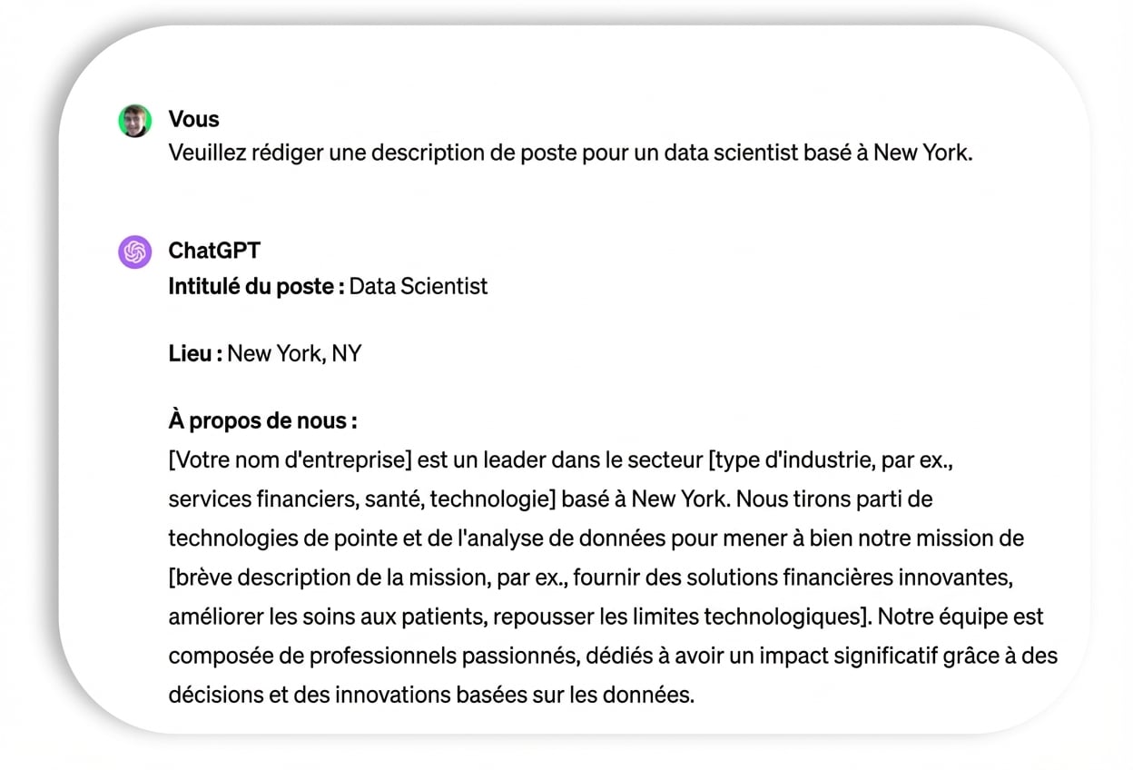 Prompt et réponse relatifs à une description pour un poste de data scientist.