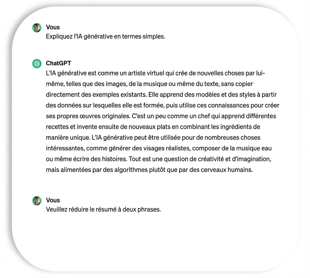 Une instruction à ChatGPT pour réduire le résumé à deux phrases.
