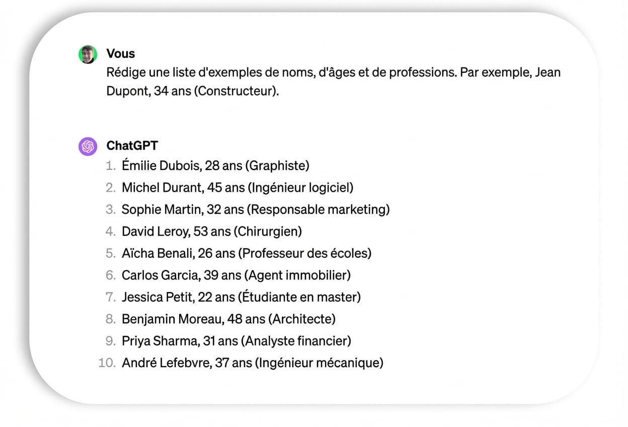 Prompt et réponse pour des exemples de noms et de professions.