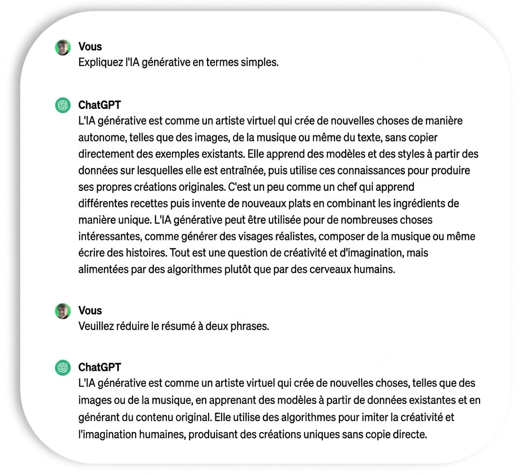 Explication en deux phrases de l'IA générative produite par ChatGPT.